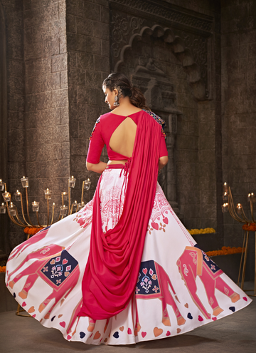 White Printed Work Rayon Material Navratri Chaniya Choli